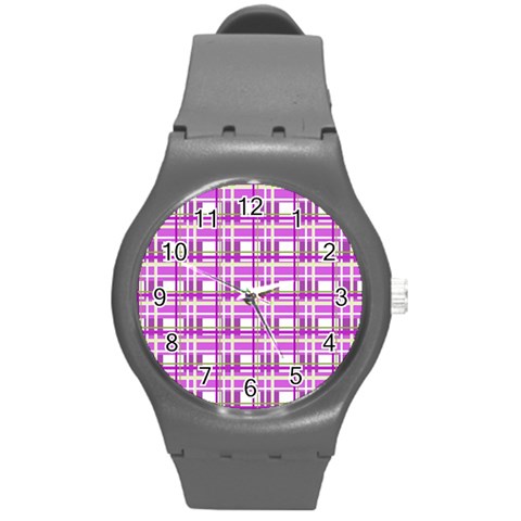 Purple plaid pattern Round Plastic Sport Watch (M) from ArtsNow.com Front