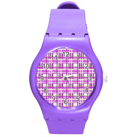 Purple plaid pattern Round Plastic Sport Watch (M) from ArtsNow.com Front