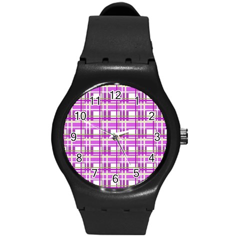 Purple plaid pattern Round Plastic Sport Watch (M) from ArtsNow.com Front