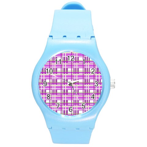 Purple plaid pattern Round Plastic Sport Watch (M) from ArtsNow.com Front