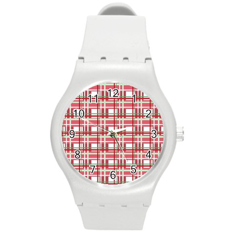 Red plaid pattern Round Plastic Sport Watch (M) from ArtsNow.com Front