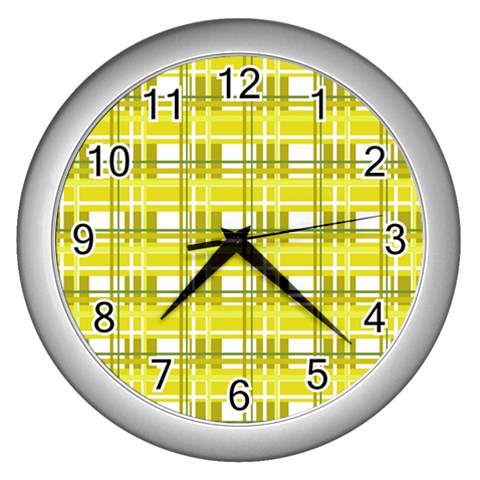 Yellow plaid pattern Wall Clocks (Silver)  from ArtsNow.com Front