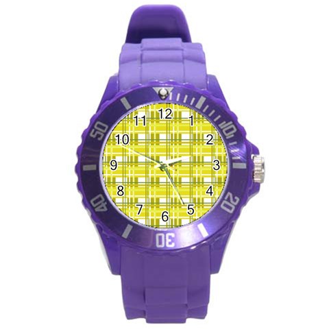 Yellow plaid pattern Round Plastic Sport Watch (L) from ArtsNow.com Front