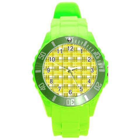 Yellow plaid pattern Round Plastic Sport Watch (L) from ArtsNow.com Front