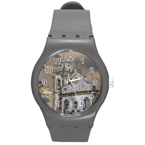 Exterior Facade Antique Colonial Church Olinda Brazil Round Plastic Sport Watch (M) from ArtsNow.com Front