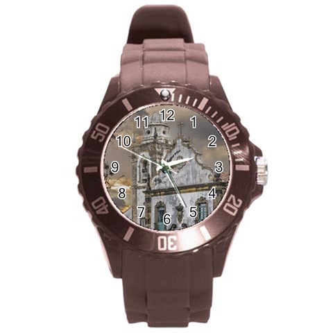 Exterior Facade Antique Colonial Church Olinda Brazil Round Plastic Sport Watch (L) from ArtsNow.com Front