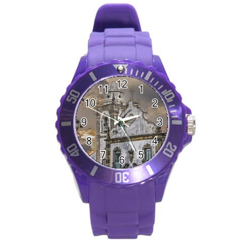 Exterior Facade Antique Colonial Church Olinda Brazil Round Plastic Sport Watch (L) from ArtsNow.com Front