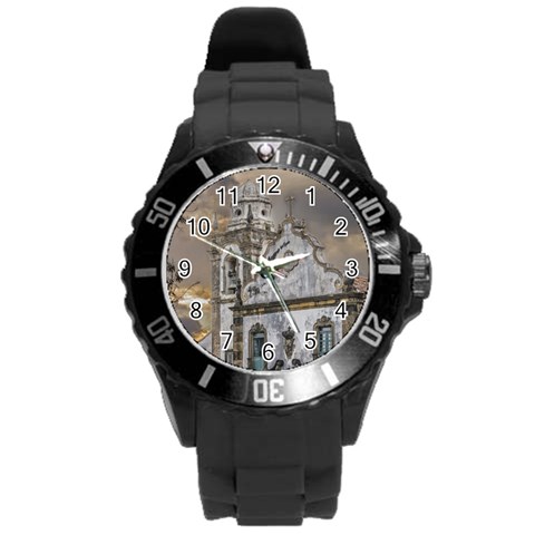 Exterior Facade Antique Colonial Church Olinda Brazil Round Plastic Sport Watch (L) from ArtsNow.com Front