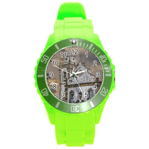 Exterior Facade Antique Colonial Church Olinda Brazil Round Plastic Sport Watch (L) from ArtsNow.com Front