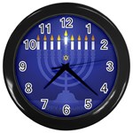 blue happy hannukah Wall Clock (Black)