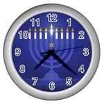 blue happy hannukah Wall Clock (Silver)