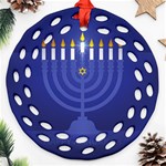 blue happy hannukah Round Filigree Ornament (Two Sides)