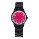 Hot Pink Glitter Stainless Steel Round Watch