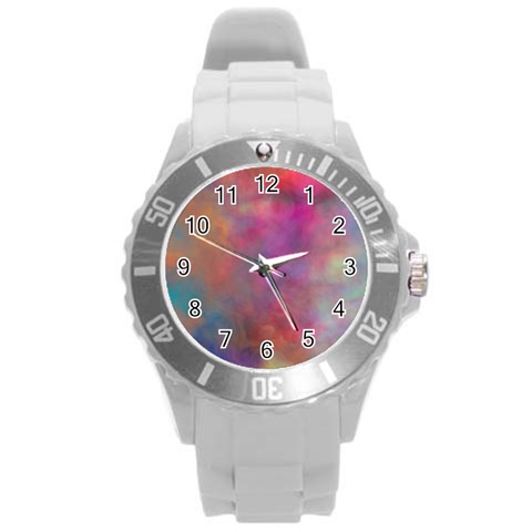 Rainbow Clouds Round Plastic Sport Watch (L) from ArtsNow.com Front