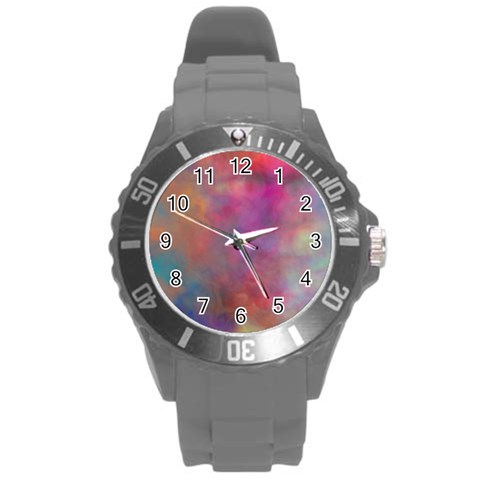 Rainbow Clouds Round Plastic Sport Watch (L) from ArtsNow.com Front