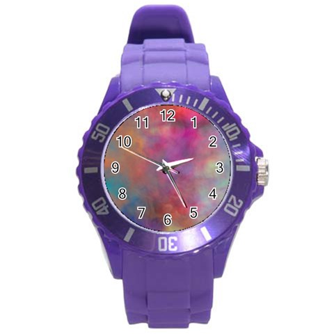 Rainbow Clouds Round Plastic Sport Watch (L) from ArtsNow.com Front