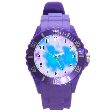 Blue And Purple Clouds Round Plastic Sport Watch (L) from ArtsNow.com Front