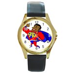 Fathers Day Black Super Dad Round Gold Metal Watch