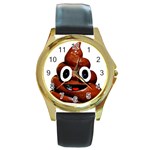 Happy Funny Poop Emoji Round Gold Metal Watch