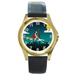 Halloween Witch Befana Round Gold Metal Watch