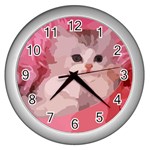 pink fluffy kitten Wall Clock (Silver)