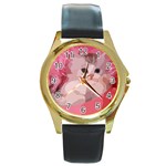 pink fluffy kitten Round Gold Metal Watch