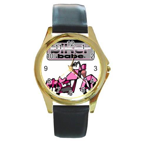 Biker Babe Round Gold Metal Watch from ArtsNow.com Front