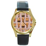 Gingham Chicken Waffles Round Gold Metal Watch