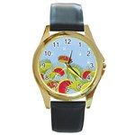 Blue Fly Trap Round Gold Metal Watch