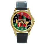 diagonal stripe Happy Kwanzaa Round Gold Metal Watch