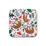 Floral Sloth  Rubber Square Coaster (4 pack)