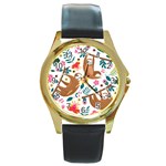 Floral Sloth  Round Gold Metal Watch