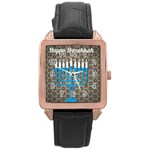 black happy Hanukkah Rose Gold Leather Watch 