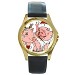 ugly christmas pig Round Gold Metal Watch