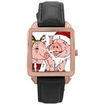 ugly christmas pig Rose Gold Leather Watch 