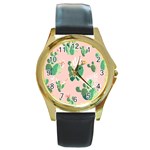 Pink Cactus flower Round Gold Metal Watch