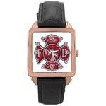 Red Fire Department Cross Rose Gold Leather Watch 