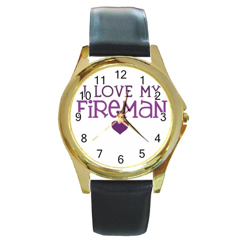 I Love My Fireman Round Gold Metal Watch from ArtsNow.com Front