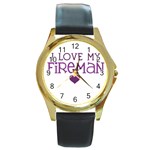 I Love My Fireman Round Gold Metal Watch