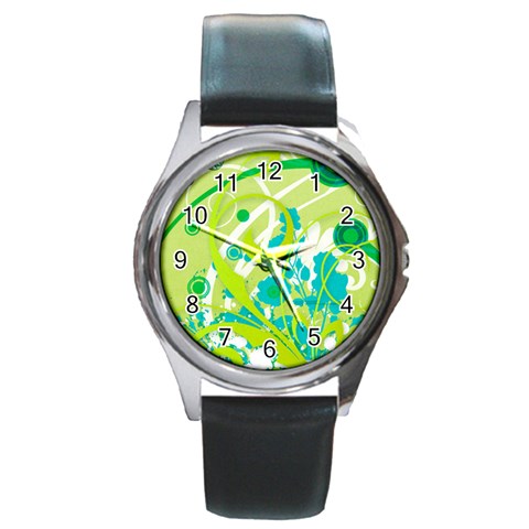 Green Blue Flower Art Round Metal Watch from ArtsNow.com Front