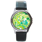 Green Blue Flower Art Round Metal Watch