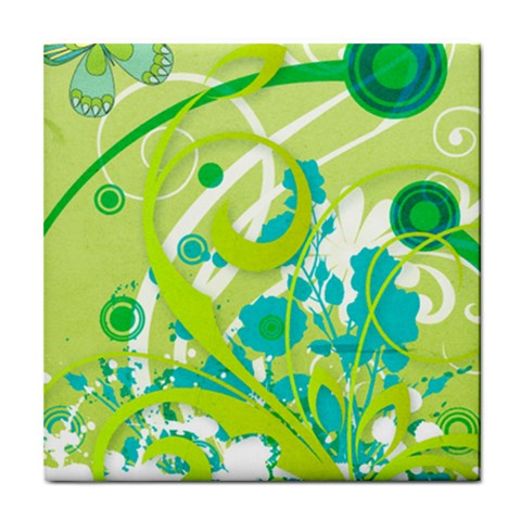 Green Blue Flower Art Tile Coaster from ArtsNow.com Front