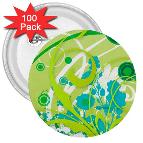 Green Blue Flower Art 3  Button (100 pack) from ArtsNow.com Front