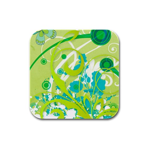 Green Blue Flower Art Rubber Square Coaster (4 pack) from ArtsNow.com Front