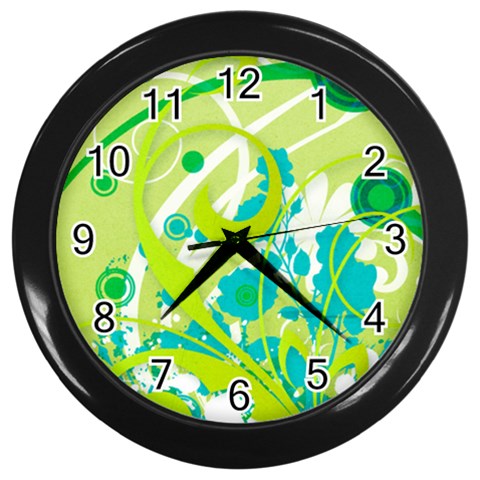 Green Blue Flower Art Wall Clock (Black) from ArtsNow.com Front