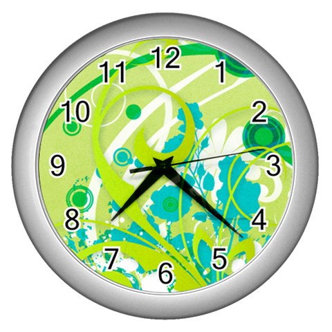 Green Blue Flower Art Wall Clock (Silver) from ArtsNow.com Front