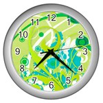 Green Blue Flower Art Wall Clock (Silver)