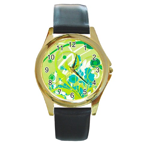 Green Blue Flower Art Round Gold Metal Watch from ArtsNow.com Front