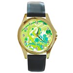 Green Blue Flower Art Round Gold Metal Watch