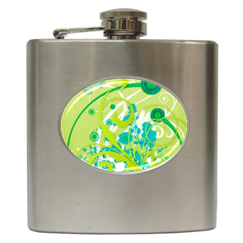 Green Blue Flower Art Hip Flask (6 oz) from ArtsNow.com Front